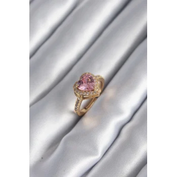 Pirinç Gold Renk Pembe Zirkon Taşlı Charm Kalp Model Kadın Yüzük