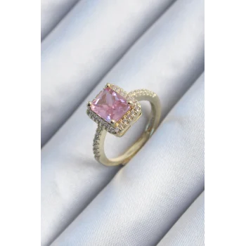 Pirinç Gold Renk Pembe Zirkon Taşlı Kadın Yüzük