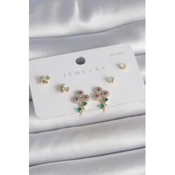Pirinç Gold Renk Renkli Zirkon Taşlı Çiçek Model Yaprak Detay 925 Ayar Gümüş Çivi Kadın Küpe Seti