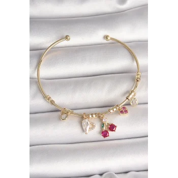 Pirinç Gold Renk Sallantı Kırmızı Zirkon Taşlı Kiraz Figür Charm Kadın Bileklik