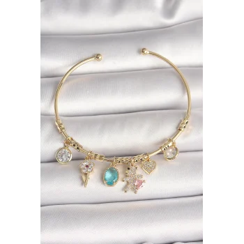 Pirinç Gold Renk Sallantı Zirkon Taşlı Ayıcık Figür Kalp Detay Charm Kadın Bileklik