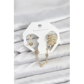 Pirinç Gold Renk Sarmal Model Zincir Bağlantılı Ear Cuff Küpe Seti