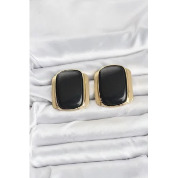Pirinç Gold Renk Siyah Plaka Vintage Kadın Küpe