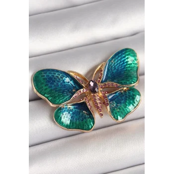 Pirinç Gold Renk Turquaz Model Zirkon Taş Detaylı Kelebek Model Kadın Broş