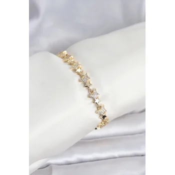 Pirinç Gold Renk Vıp Seri Yıldız Model Zirkon Taşlı Kadın Bileklik
