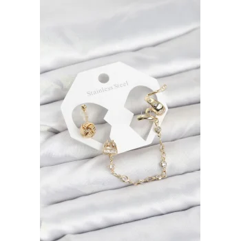 Pirinç Gold Renk Yılan Model Zincir Bağlantılı Ear Cuff Küpe Seti