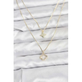 Pirinç Gold Renk Yonca Model 2li Kadın Kolye