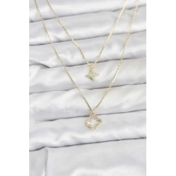 Pirinç Gold Renk Yonca Model 2li Kadın Kolye