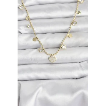 Pirinç Gold Renk Yonca Model Kadın Kolye