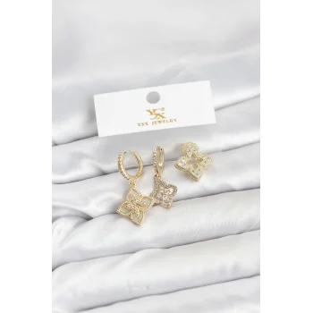 Pirinç Gold Renk Yonca Model YSX Trio Küpe Seti