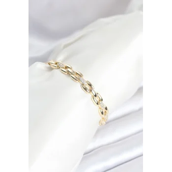 Pirinç Gold Renk Zincir Model Zirkon Taşlı Kadın Bileklik