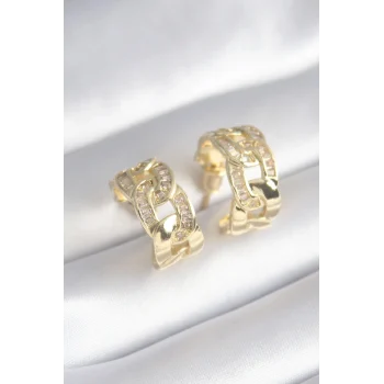 Pirinç Gold Renk Zirkon Taş Detay Zincir Model Kadın Küpe