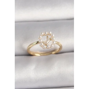 Pirinç Gold Renk Zirkon Taş Detaylı İncili Ayarlanabilir Yüzük