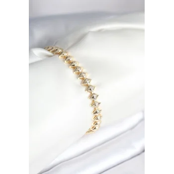 Pirinç Gold Renk Zirkon Taşlı Baklava Model Kadın Bileklik