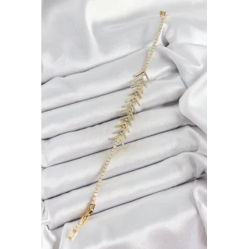 Pirinç Gold Renk Zirkon Taşlı Balık Sırtı Kadın Bileklik