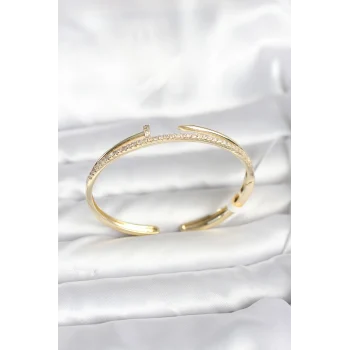 Pirinç Gold Renk Zirkon Taşlı Çivi Model Kadın Kelepçe Bileklik
