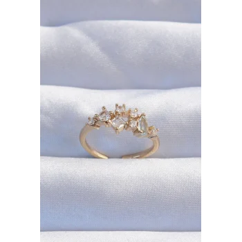 Pirinç Gold Renk Zirkon Taşlı Damla Detay Ayarlanabilir Yüzük