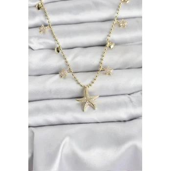 Pirinç Gold Renk Zirkon Taşlı Deniz Yıldızı Model Kadın Kolye