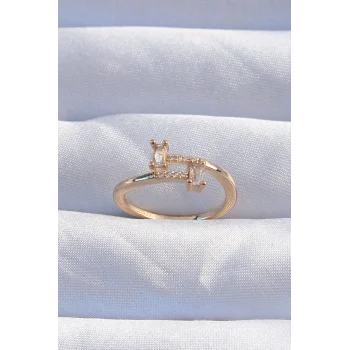 Pirinç Gold Renk Zirkon Taşlı Geometrik Ayarlanabilir Yüzük