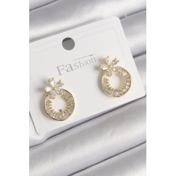 Pirinç Gold Renk Zirkon Taşlı Halka Model Çiçek Figür Kadın Küpe