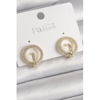 Pirinç Gold Renk Zirkon Taşlı Halka Model Kadın Küpe