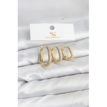 Pirinç Gold Renk Zirkon Taşlı Halka Model YSX Trio Küpe Seti