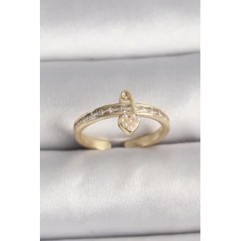 Pirinç Gold Renk Zirkon Taşlı İnci Detay Kilit Kalp Figür Ayarlanabilir Yüzük