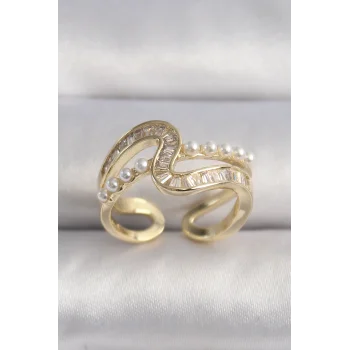 Pirinç Gold Renk Zirkon Taşlı İnci Detay Vıp Seri Kadın Yüzük