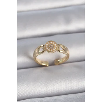 Pirinç Gold Renk Zirkon Taşlı İncili Kalp İşleme Detay Ayarlanabilir Kadın Yüzük