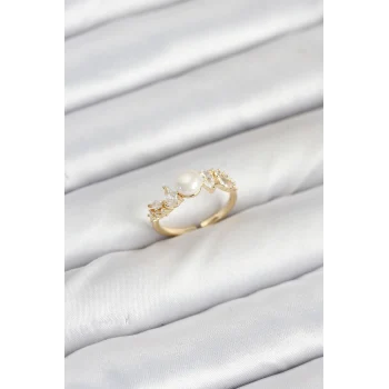 Pirinç Gold Renk Zirkon Taşlı İncili Model Kadın Yüzük