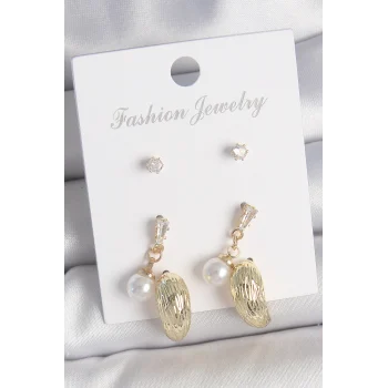 Pirinç Gold Renk Zirkon Taşlı İncili Sallantılı İşlemeli Damla Model 3 Çift Kadın Küpe Seti