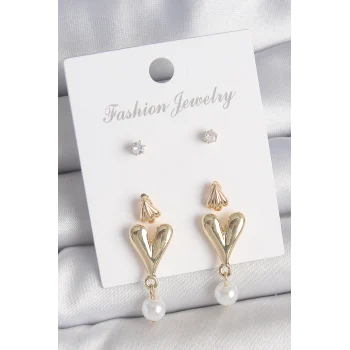 Pirinç Gold Renk Zirkon Taşlı İncili Sallantılı Kalp Model 3 Çift Kadın Küpe Seti