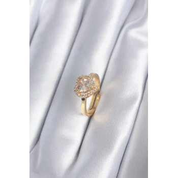 Pirinç Gold Renk Zirkon Taşlı Kalp Charm Model Kadın Yüzük