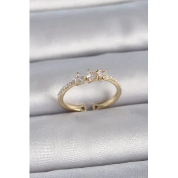 Pirinç Gold Renk Zirkon Taşlı Kalp İnci Detaylı Ayarlanabilir Model Kadın Yüzük