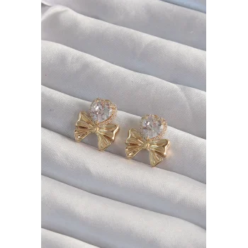 Pirinç Gold Renk Zirkon Taşlı Kalp Model Fiyonk Küpe