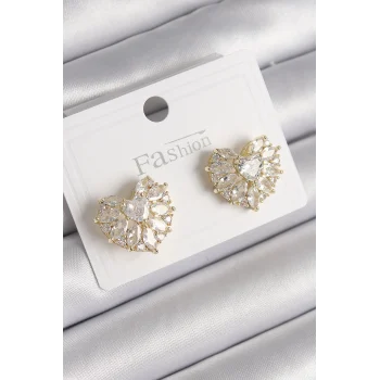 Pirinç Gold Renk Zirkon Taşlı Kalp Model Kadın Küpe