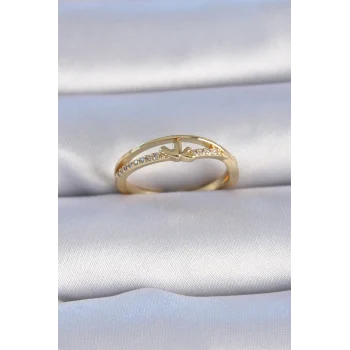 Pirinç Gold Renk Zirkon Taşlı Kalp Model Kadın Yüzük