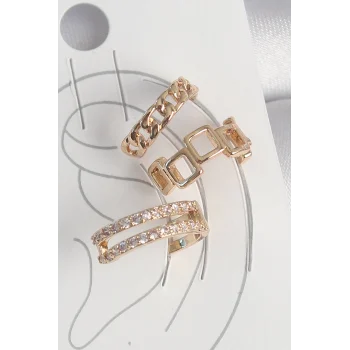 Pirinç Gold Renk Zirkon Taşlı Kare Zincir Model Kadın Kıkırdak Küpe