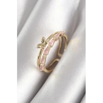 Pirinç Gold Renk Zirkon Taşlı Kelebek Figür Kadın Yüzük