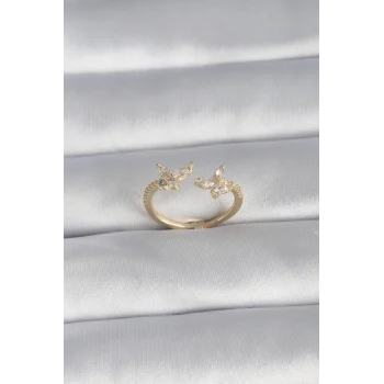 Pirinç Gold Renk Zirkon Taşlı Kelebek Model Kadın Yüzük