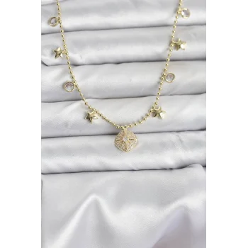 Pirinç Gold Renk Zirkon Taşlı Kutup Yıldızı Model Kadın Kolye