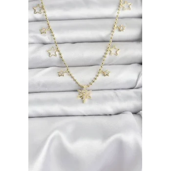 Pirinç Gold Renk Zirkon Taşlı Kutup Yıldızı Model Kadın Kolye