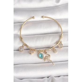 Pirinç Gold Renk Zirkon Taşlı Sallantı Filamingo Figür Charm Kadın Bileklik