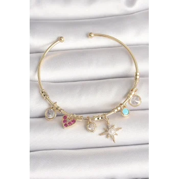 Pirinç Gold Renk Zirkon Taşlı Sallantı Kutup Yıldız Figür İnci Detay Charm Kadın Bileklik