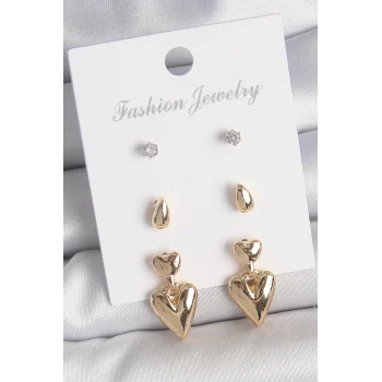 Pirinç Gold Renk Zirkon Taşlı Sallantılı Kalp Model 3 Çift Kadın Küpe Seti