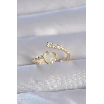 Pirinç Gold Renk Zirkon Taşlı Sedefli Kalp Model Ayarlanabilir Yüzük