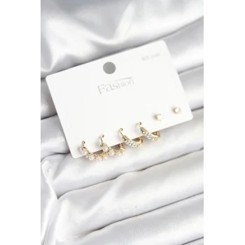 Pirinç Gold Renk Zirkon Taşlı ve İncili Model 925 Ayar Gümüş Çivi Kadın Küpe Seti