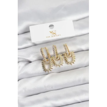 Pirinç Gold Renk Zirkon Taşlı Vintage Model YSX Trio Küpe Seti