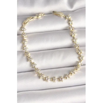 Pirinç Gold Renk Zirkon Taşlı Yıldız Model VIP Seri Kadın Bileklik
