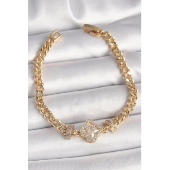 Pirinç Gold Renk Zirkon Taşlı Yonca Figür Zincir Model Kadın Bileklik